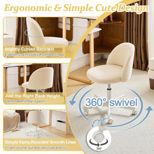Miniatura 4 de VINGLI Silla Candy sin Brazos, Linda Silla de Escritorio, Cómoda Silla Pequeña de Oficina con Ruedas, Silla de Tocador con Soporte Lumbar, Silla