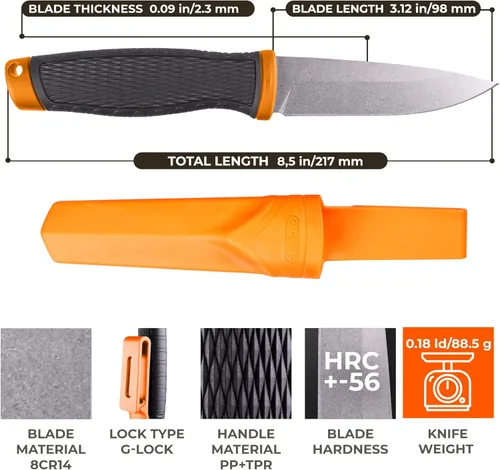 Miniatura 2 de Ganzo G806-OR Cuchillo de hoja fija 8CR14 Hoja de acero inoxidable Mango ergonómico antideslizante Camping Caza Pesca al aire libre EDC Cuchillo