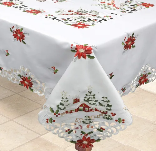 Creative Linens Ropa de mesa de Navidad de Pascua 86" Cuadrado con 12 Servilletas Bordado Árbol de Navidad Rojo Poinsettia Cabaña Nieve Ropa de mesa