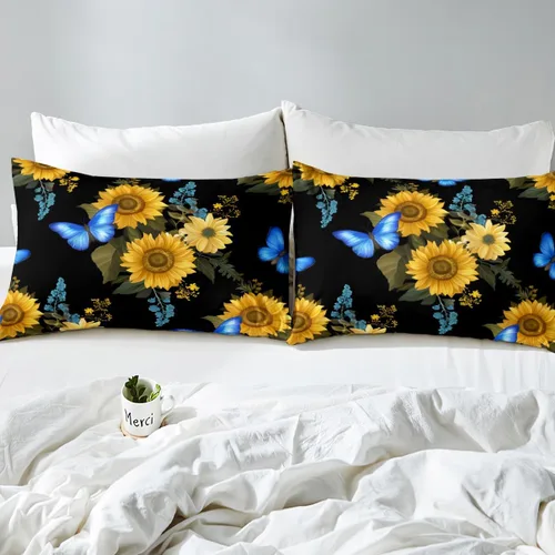 Miniatura 6 de Erosebridal Sábanas de girasol tamaño individual, sábana bajera ajustable de mariposa azul para niñas y mujeres, juego de ropa de cama floral