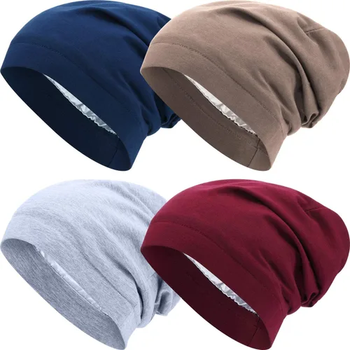 Miniatura 29 de 4 Pieces Satin Lined Beanie Cap Satin Sleep Lined Hat Slouchy Beanie Hat Night Silk Hair Cap for Women Men