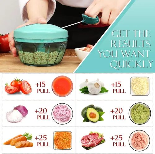 Miniatura 2 de Ourokhome Procesador manual de alimentos, picador de verduras, picador de ajo portátil con cuerda de mano, cortador de cebolla para verduras, Azul