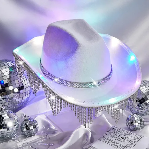 Miniatura 4 de Sombrero de vaquera con diamantes de imitación, sombrero de vaquero con flecos, sombrero occidental con purpurina para hombres y mujeres, disfraz