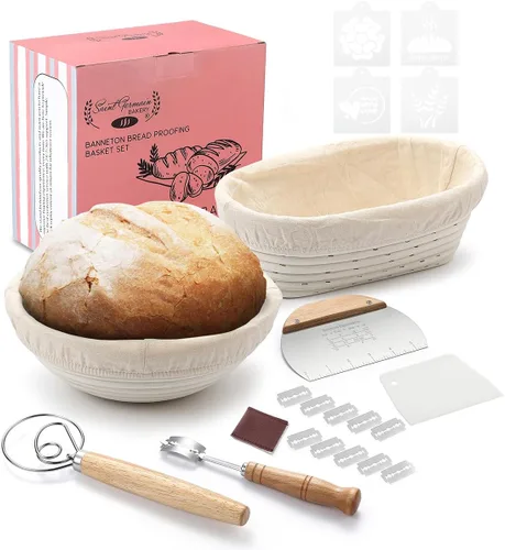 Saint Germain Bakery Cesta Banneton de pan redondo prémium con forro – Cesta perfecta para hacer pan hermoso – (9 pulgadas, redonda/10 pulgadas