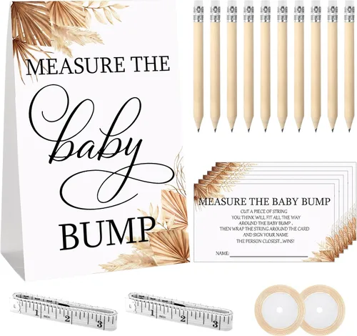 Fumete Juego de 65 piezas para baby shower, incluye letrero bohemio de medir la protuberancia del bebé, 50 tarjetas de adivinanzas, 10 lápices, 2