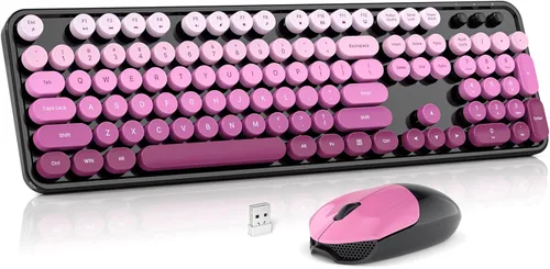 Miniatura 26 de MOWUX - Combo de teclado y mouse inalámbricos, máquina de escribir de tamaño completo, retro, redondo, lindo mouse óptico inalámbrico, Plug and Azul