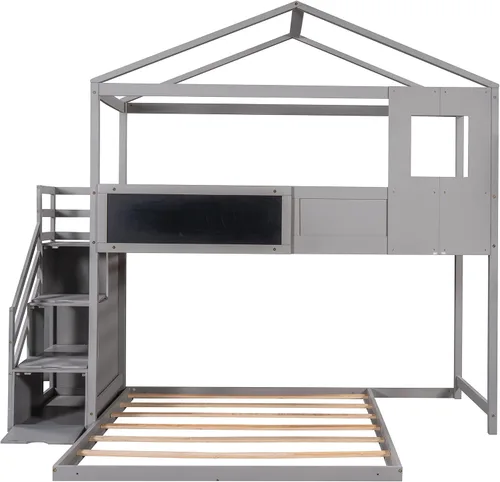 Miniatura 3 de Cama litera con escalera en forma de casa con escalera con almacenamiento y ventana para niños o niñas, no se necesita somier