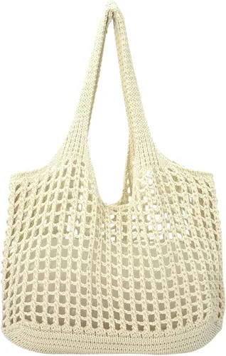 Miniatura 9 de ENBEI Bolso de playa plegable para mujer, lavable y ligero, bolso de hombro tejido ecológico para viajes, compras, regalos Blanco-A