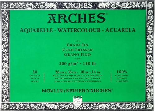 Arches Bloque de acuarela de 10 x 14 pulgadas, papel blanco natural 100% algodón, 20 hojas de papel de acuarela Arches de prensa en frío de 140
