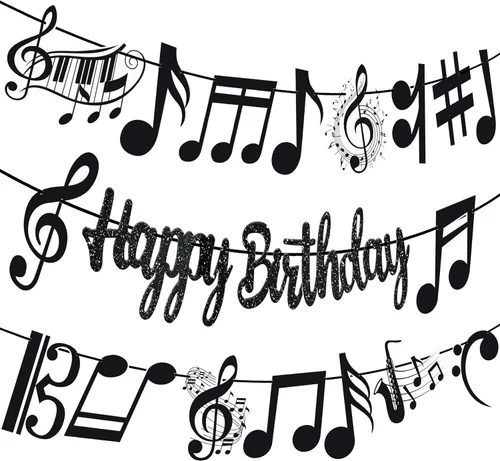 Cartel de feliz cumpleaños con notas musicales, decoraciones de fiesta musical negra para tema de piano, suministros de baby shower