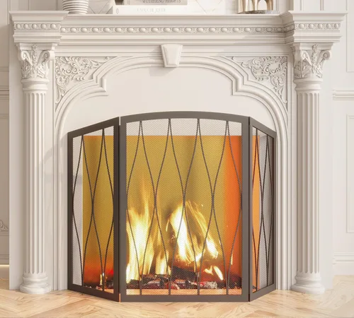 Miniatura 2 de Kingson - Pantalla de chimenea a prueba de niños de 3 paneles, de hierro forjado moderno, hecha a mano, plegable, de malla metálica, resistente