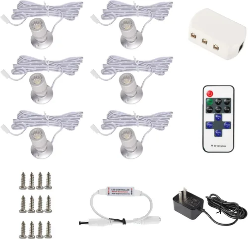 DEDC 6 piezas Mini Focos LED, 1.5W DC12V 3000K Luces Bajo Gabinete con Atenuador RF Inalámbrico, Mini Focos para Exhibiciones de Escaparate (Blanco