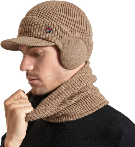 Miniatura 2 de Muryobao Gorro de invierno para hombre, con visera de punto, con forro polar y calentador de cuello