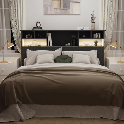 Miniatura 4 de Cabecero Queen/Full Solo para Dormitorio, Elegante Cabecero con Estantería con Estación de Carga y 2 Luces LED, Cabeceros de Madera Procesada
