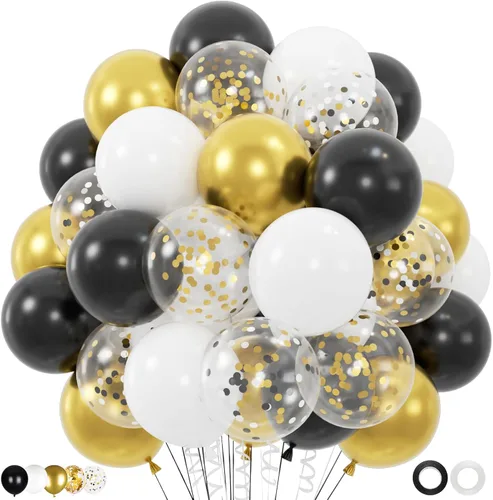 100 globos negros dorados y blancos con globos de confeti metálicos dorados y negros de 12 pulgadas para clase de graduación, decoración de fiesta
