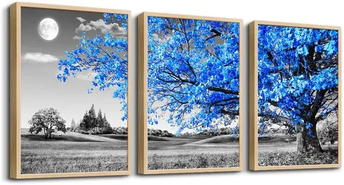 Miniatura 10 de Arte de pared para sala de estar, blanco y negro, árbol azul, luna, lienzo para decoración de pared para el hogar, obra de arte enorme, pintura