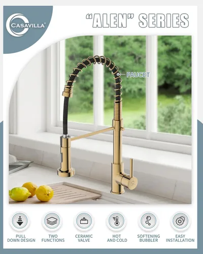 Miniatura 2 de Grifo de cocina, grifo de oro cepillado para fregadero de cocina, grifo de fregadero de cocina con pulverizador desplegable, grifos de cocina de C