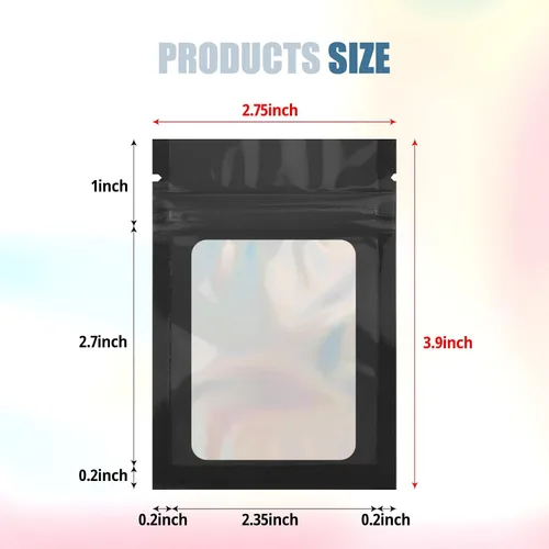 Miniatura 2 de 50 bolsas de Mylar negras de 2.7 x 3.9 pulgadas con ventana transparente, bolsa holográfica resellable para almacenamiento de alimentos, joyas