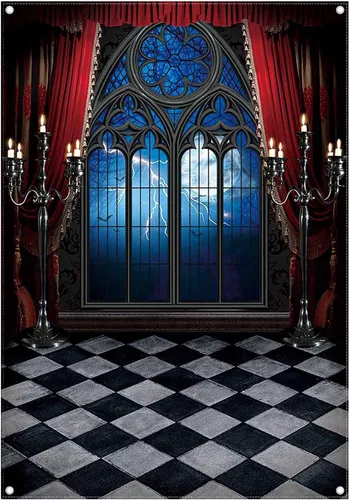 Telón de fondo gótico de castillo medieval de vampiro de 5 x 7 pies, ventana de Halloween, luna, murciélagos, fotografía, fondo, decoración de