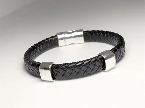 Miniatura 5 de Black Braided Leather and Silver Bracelet with Magnetic Clasp for Men and Women