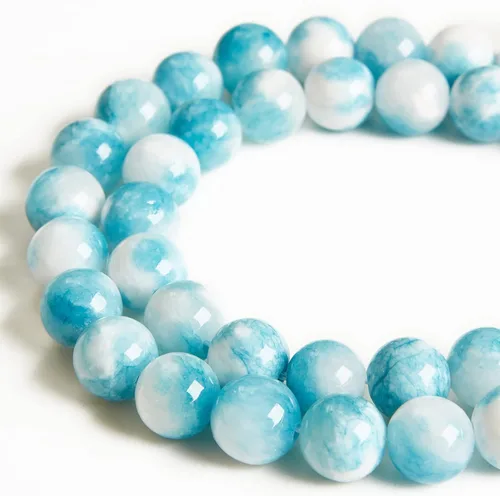 45 cuentas de jade azul y blanco de 0.315 pulgadas, cuentas de piedras preciosas naturales redondas sueltas para hacer joyas Jade blanco azul