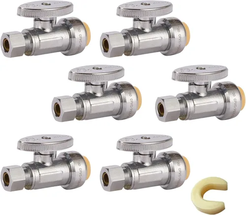 Miniatura 10 de Válvula de parada de ángulo de giro de 1/4, válvula de cierre de agua de compresión de 1/2 x 3/8 pulgadas con clip de desconexión, para PEX, cobre