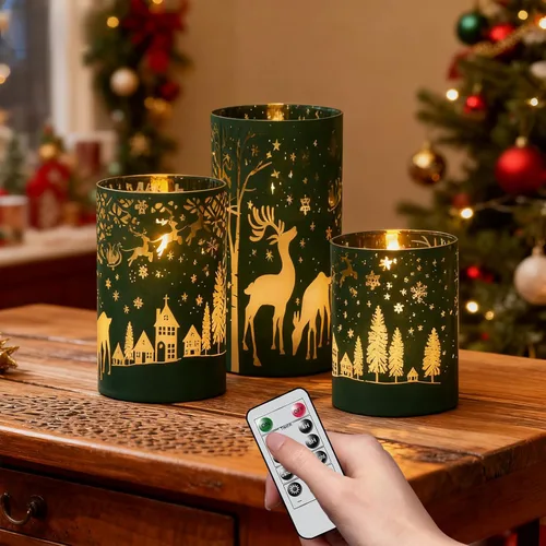 Miniatura 14 de Velas de Cristal sin Llama de Árbol de Navidad con Control Remoto Temporizador Operadas con Batería Cera Real Mecha 3D LED Parpadeantes Velas