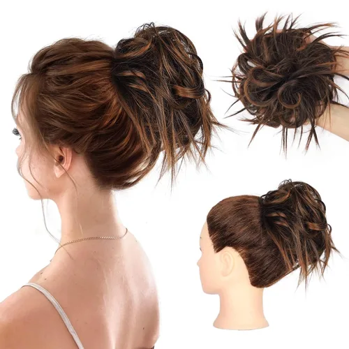 Miniatura 22 de HMD - Extensiones de cabello tipo chongo alborotado con rodelo despeinado, banda elástica de goma, extensiones de cabello sintético para mujer