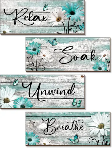Miniatura 12 de Sunnyray 4 carteles de decoración de pared de baño de granja, margaritas y mariposas, arte de pared para baño, relajarse y relajarse, respirar, Azul
