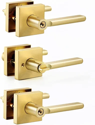 Miniatura 8 de Linkaa Paquete de 2 manijas de puerta de latón dorado para puerta francesa de armario (2 manijas), 1 par, manija de puerta cuadrada de latón
