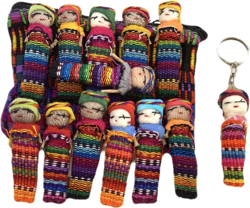 Miniatura 5 de Guatemala Worry Dolls Juego de 12 muñecas tradicionales de 2.2 x 0.4 in con bonita bolsa de almacenamiento y llavero extra, divertidos