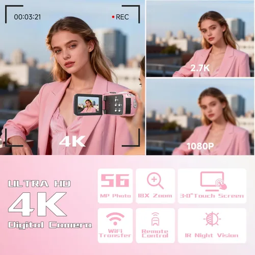 Miniatura 2 de Videocámara, Grabadora de Video Digital 4K 56MP 18X Zoom 3" Pantalla Táctil con Rotación de 270° Visión Nocturna IR, Cámara para Vlogs WiFi para Rosa
