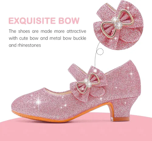Miniatura 3 de Dufannie Zapatos de vestir para niñas, zapatos de tacón bajo de princesa, zapatos planos con purpurina para bodas y fiestas