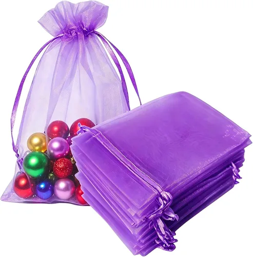 50 bolsas de regalo de organza con cordón para joyas, monedas, 5 x 7 pulgadas, malla de tela transparente, color morado, bolsa de cuerda lisa para