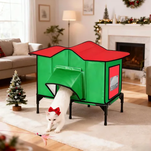 Miniatura 8 de Casa climatizada para gatos al aire libre resistente a la intemperie con almohadilla térmica extraíble para invierno, refugio aislado exterior