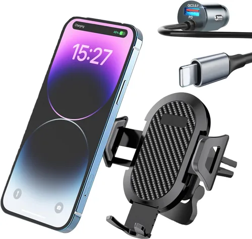 Soporte de cargador de teléfono 3 en 1 para automóvil, cargador USB C de 60 W de carga rápida para iPhone 14/13/12 + cable tipo C de 4 pies,