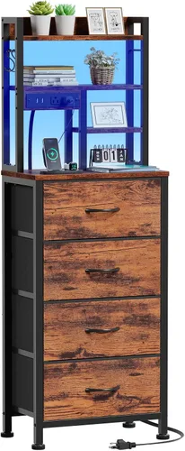 Miniatura 14 de Furnulem - Mesita alta con 3 cajones de tela y luces LED, mesita de noche con estantería, mesas de noche de 45.3 pulgadas de altura con puertos USB
