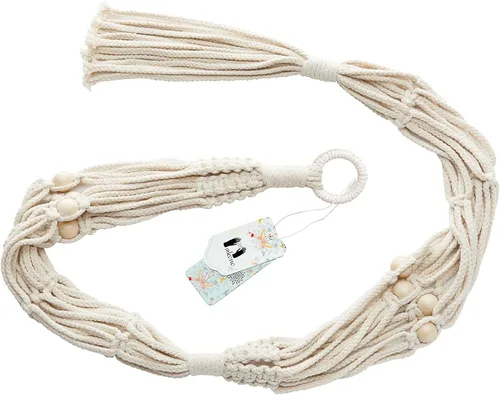 Miniatura 7 de Mkono Colgador de plantas de macramé, cesta colgante de 2 niveles para interior/exterior, cuerda de algodón con cuentas, 4 patas, 49 pulgadas