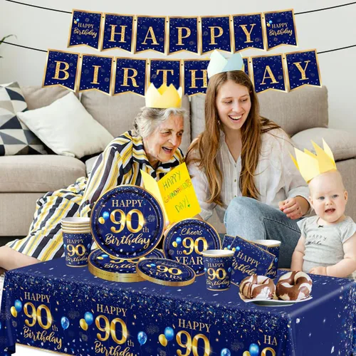 Miniatura 3 de Decoración de cumpleaños 90 para hombres - Juego de 142 piezas en azul marino y dorado (sirve para 20) Incluye pancarta de feliz cumpleaños 90