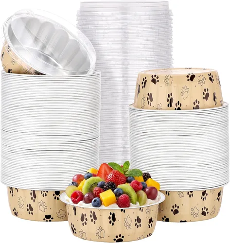 Miniatura 68 de Beasea Ramequines con tapas, 8oz 50 unidades de tazas de aluminio desechables para hornear, tazas de papel de aluminio plateado para creme brulee