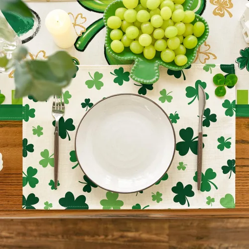 Miniatura 2 de Artoid Mode Juego de 4 manteles individuales del día de San Patricio con trébol beige de 12 x 18 pulgadas para decoración de fiestas, cocina, comedor