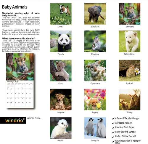Miniatura 2 de Calendario de Pared 2026, Calendario 2026, Noviembre 2025 - Diciembre 2026, Calendario de Pared de Animales Bebés, 12" x 24" Abierto, Meses