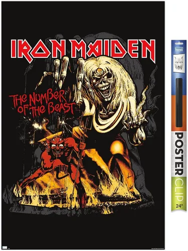Trends International Iron Maiden - Póster de pared con el número de la bestia, 34 pulgadas de largo x 22.4 pulgadas de ancho, paquete de póster y