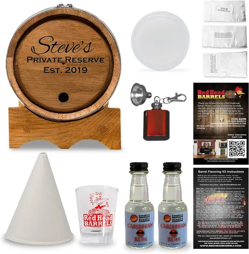Red Head Barrels - Barril de envejecimiento de roble blanco americano grabado personalizado de 2 litros con juego de regalo saborizante, vaso de Ron