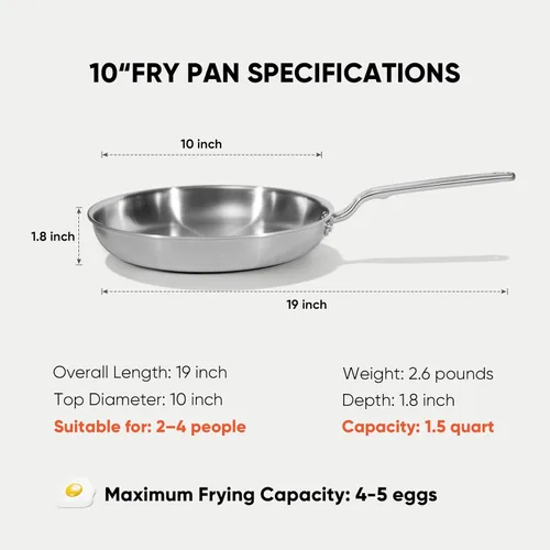 Miniatura 3 de Sartén de Acero Inoxidable de 10 Pulgadas - Sartén de 5 Capas con Núcleo de Aluminio, Calentamiento Uniforme y Duradera, Utensilios de Cocina