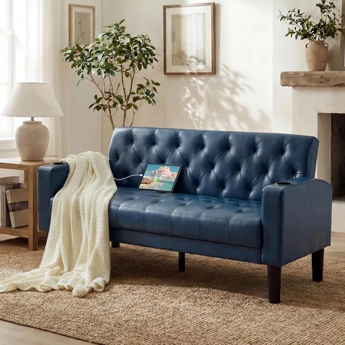 Miniatura 10 de TYBOATLE Sofá loveseat de 62" de ancho con 2 puertos de cargador USB y 2 portavasos, sofá de amor pequeño tapizado de cuero negro estilo moderno