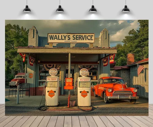 Miniatura 3 de Telón de fondo retro para gasolinera de 5 x 3 pies, estación de servicio de Wally, bombas de gas, bandera de Estados Unidos, flor, autopista, tienda