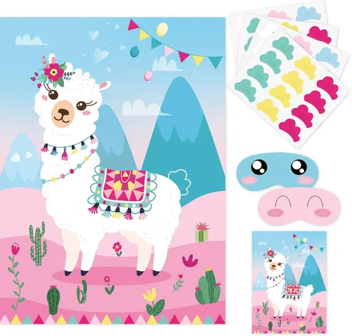 NEBURORA Paquete de 2 pósteres grandes de 21 x 28 pulgadas con 48 calcomanías con temática de llama, suministros de fiesta de cumpleaños para niñas,