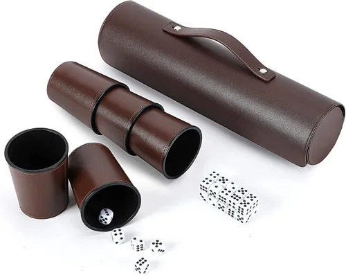 Party Games - Juego de tazas de dados de cuero, 5 tazas de dados negros + 25 dados + funda exclusiva de almacenamiento y transporte hecha de