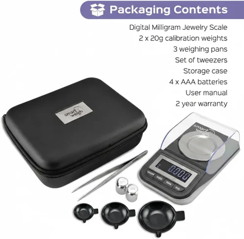 Miniatura 2 de Smart Weigh Báscula premium digital de alta precisión con estuche, pinzas, pesas calibradoras y tres contenedores para pesar, 50 x 0.001 g